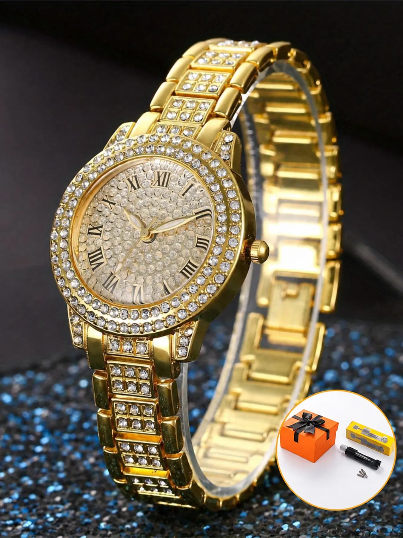 Luxury Women's Diamond-Encrusted Watch, Roman Numerals, Steel Band, Gift Box Included, Perfect for Evening Events, Anniversary Gifts