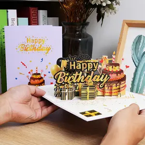 3D Pop Up Birthday Card Creative Black Gold Theme Greeting Cards Handmade Luxury Gilded Paper Carving Blessing Postcards Gift for Men Adults Friends