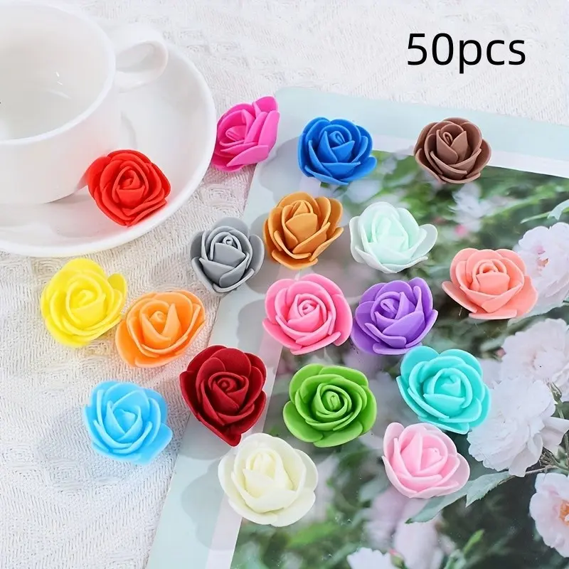 50pcs/bag 3.5cm Artificial Foam Rose Flowers, DIY Craft Materials, Decorative Wreath Fake Flower Heads, Handmade Supplies, Faux Flower, Floral Decoration