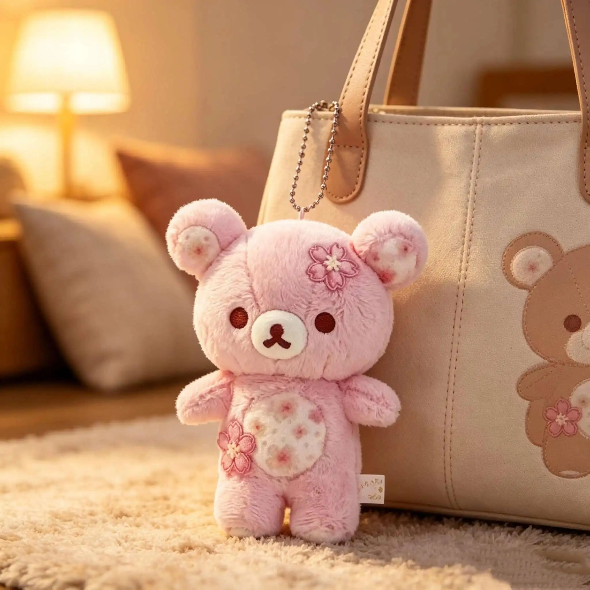 Anniversary Cherry Blossom Flower Lazy Bear Rilakkuma Soft Plush Toy Keychain Sakura Peach Pink Bear Stuffed Animals Doll Charm