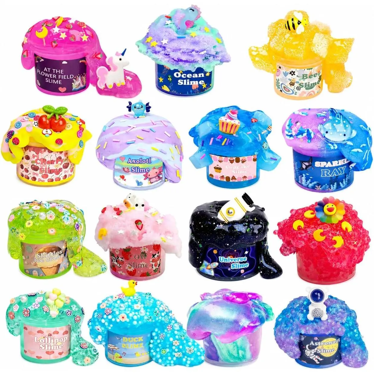 15 Pack Assorted Slime Kit for Kids, DIY Butter, Clear & Cloud Slime Variety Pack with Cute Charms, Colorful Mix Textures, Party Favors, Birthday Gifts, Sensory Toy for Boys & Girls Ages 6+