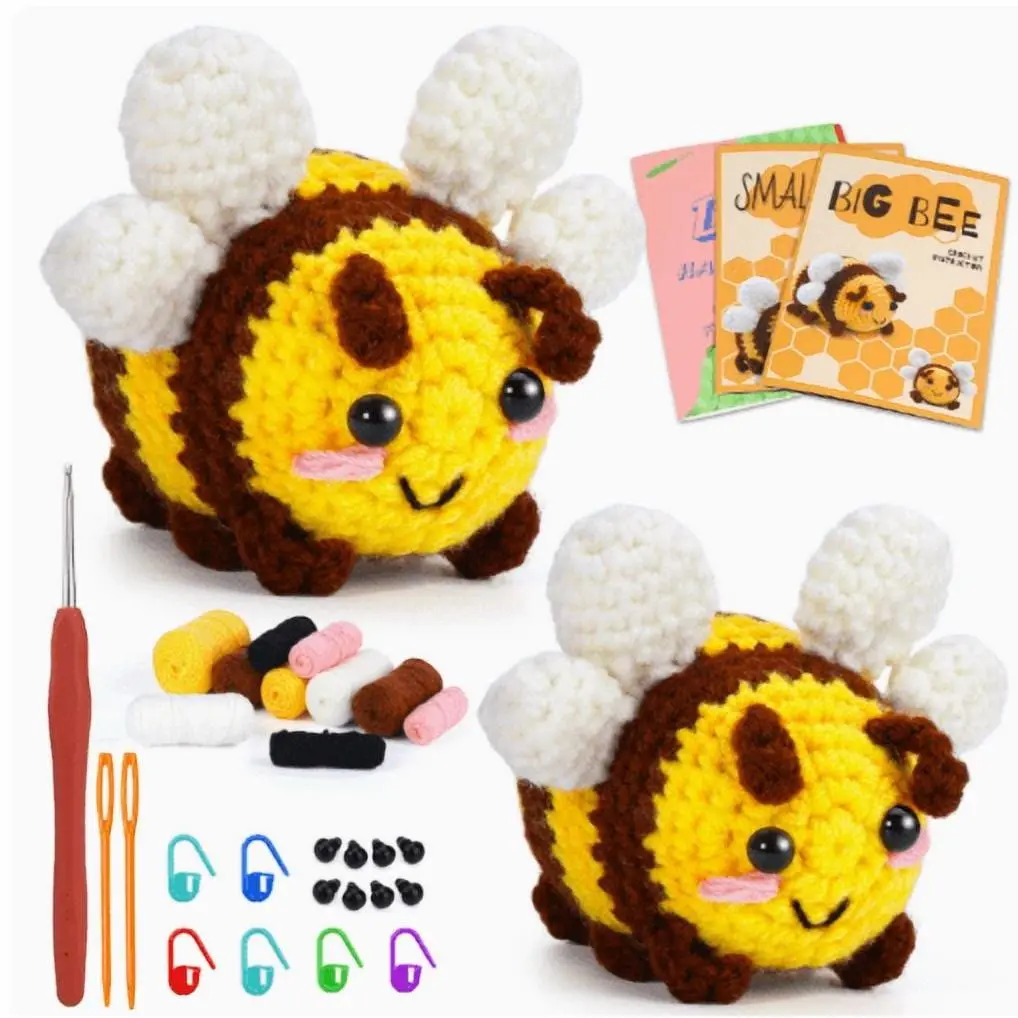 Crochet Kit for Beginners, Bee Crochet Starter Kit for Adults Women Kids, DIY Knitting Craft Set with Yarn Hook Needles Stitch Markers, Handmade Bee Plush Craft Kit, Creative Birthday Christmas Gift