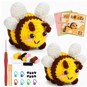 Crochet Kit for Beginners, Bee Crochet Starter Kit for Adults Women Kids, DIY Knitting Craft Set with Yarn Hook Needles Stitch Markers, Handmade Bee Plush Craft Kit, Creative Birthday Christmas Gift