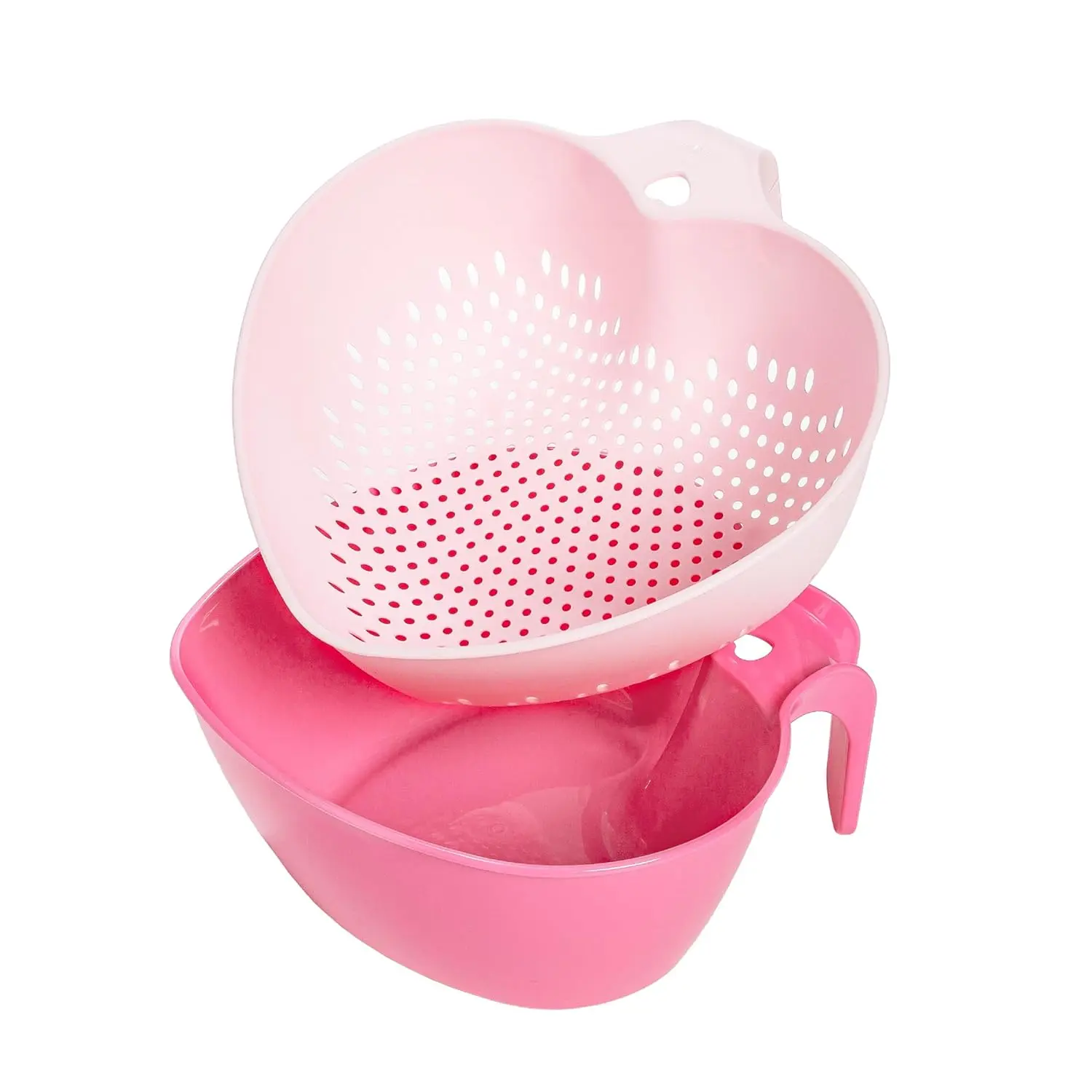 Pink Heart-Shaped Plastic 2-Piece Nesting Bowl & Food Colander Kitchenware Set, 3-Qt BPA-Free Dishwasher-Safe Utensils for Small Kitchens, Draining, Food Prep, Fruit Strainer