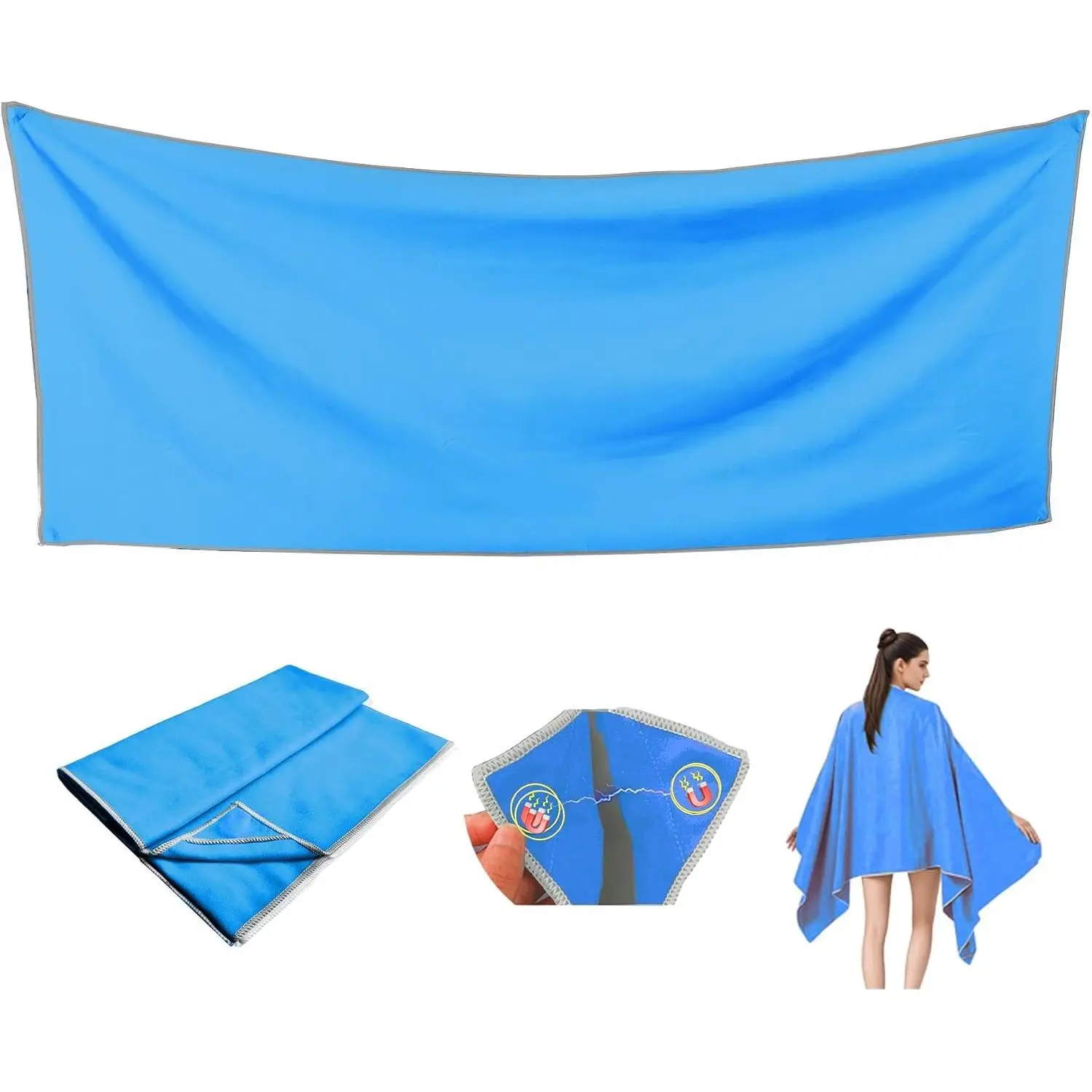 Oversized 75x30 Magnetic Beach Towel, Quick Dry Sand Free Microfiber Towel with Magnetic Corners, Portable with Storage Bag for Travel Swimming Pool Camping, Blue