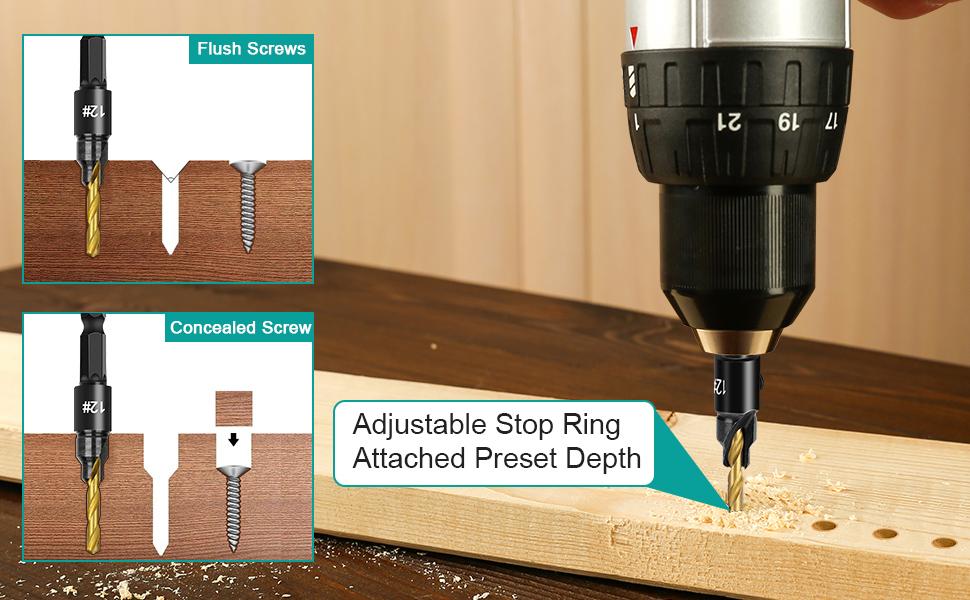 5PCS Countersink Drill Bit Set, Professional Brocas para Madera - Adjustable Wooden Drill Bit Set, Used for Wood Countersink Drill Bit with Depth Stop