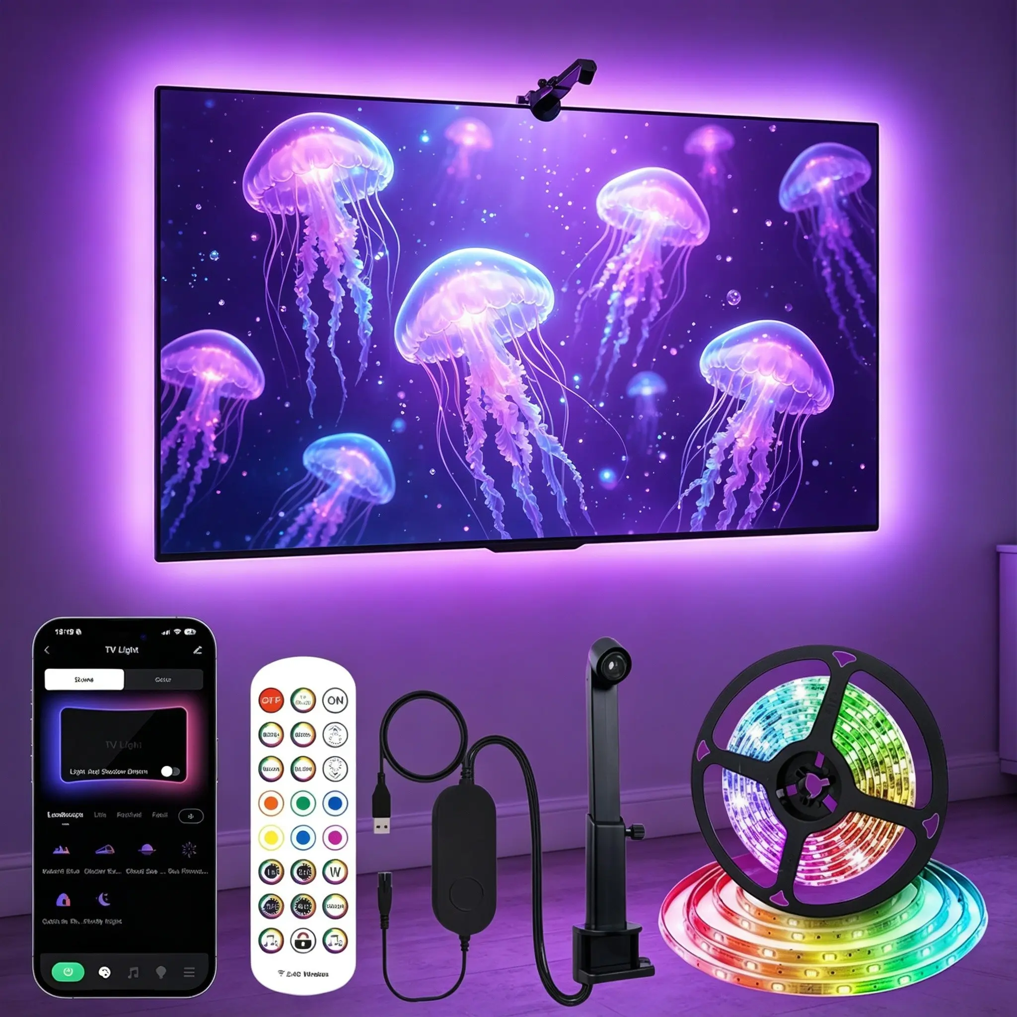 16.4ft Game Light Strip, USB LED TV Backlight for 55-65 Inch Tvs,Includes Remote Control，Color Sync, Ar Sensor, Bluetooth-compatible Control, Music Sync, Holiday Gift, TV Led Lights