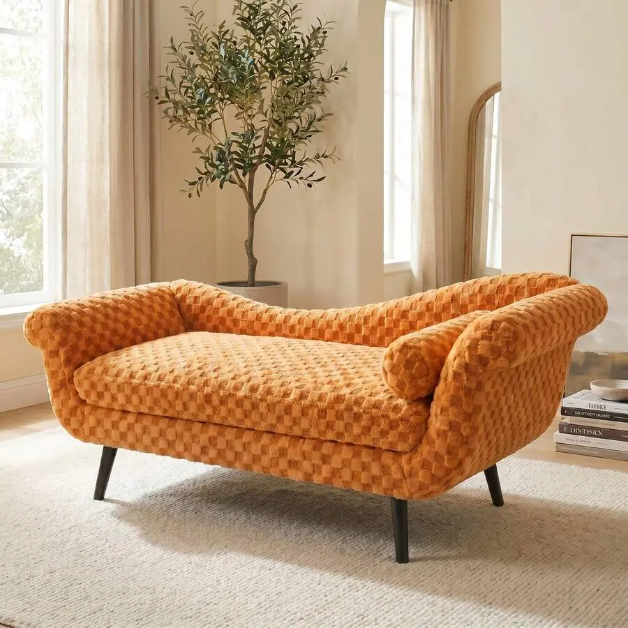 Modern Indoor Checkered Boucle Velvet Chaise Lounge Sofa Bed - Rolled Arms, Mid-Tapered Legs Upholstered Daybed Bench for Living Room, Bedroom
