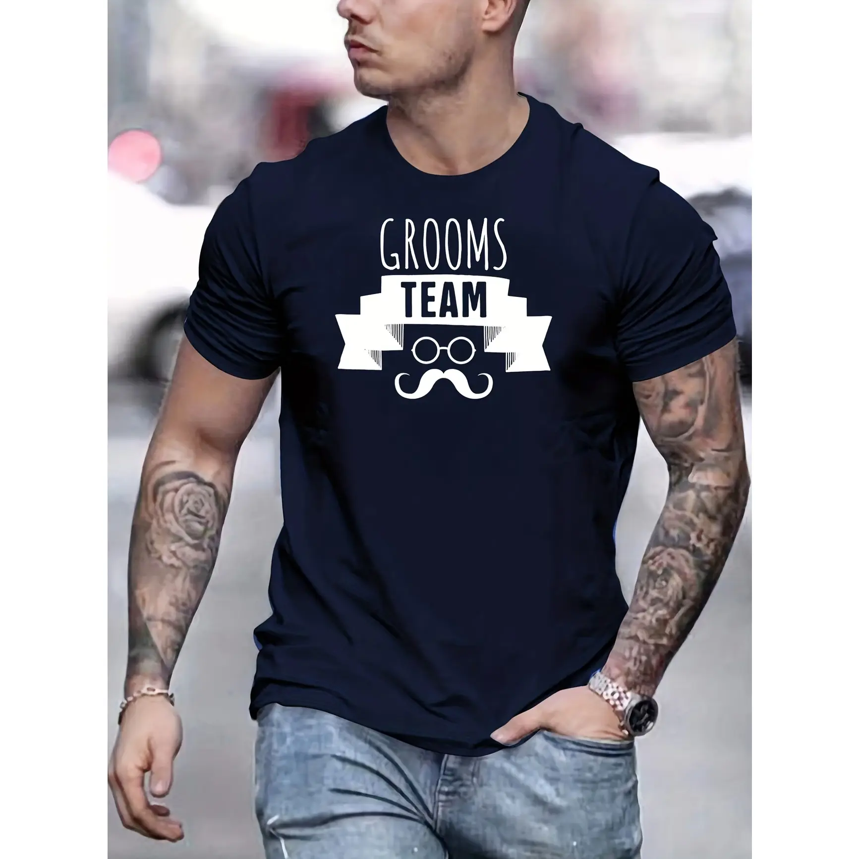 Grooms Team Mustache Glasses Graphic Cotton T‑Shirt, Wedding Bachelor Party Oversized Outfit, Valentine Gift For Groomsmen, Comfort Fashion Present For Him