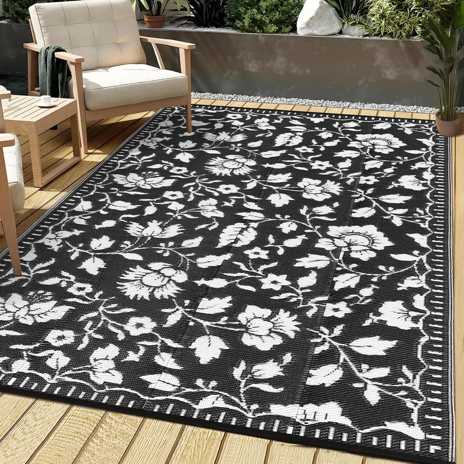 Outdoor Rug Waterproof Vintage Floral Plastic Straw Rugs, Camping Rugs for Outside Your RV, Foldable Lightweight Reversible Carpet with Portable Bag for Patio Backyard Beach Camper