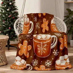 1Pc A Cozy Hot Cocoa, Gingerbread Man, And Snowflake Printed Flannel Blanket, Perfect For The Sofa, Bed, Car, Or Office. This King-Size Throw Is Soft And Warm, Suitable For All Seasons, Featuring A Multi-Color Animal Design. Hand Wash Only