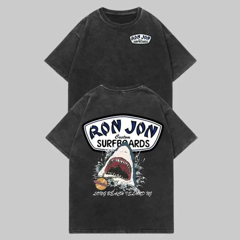 vintage acid wash grey oversized tee coastal grunge skater aesthetic ron jon surfboards shark graphic shirt long beach island nj retro summer beach outfit great white heavyweight cotton mineral wash trendy streetwear unisex tiktok fashion Casual Baggy Cre