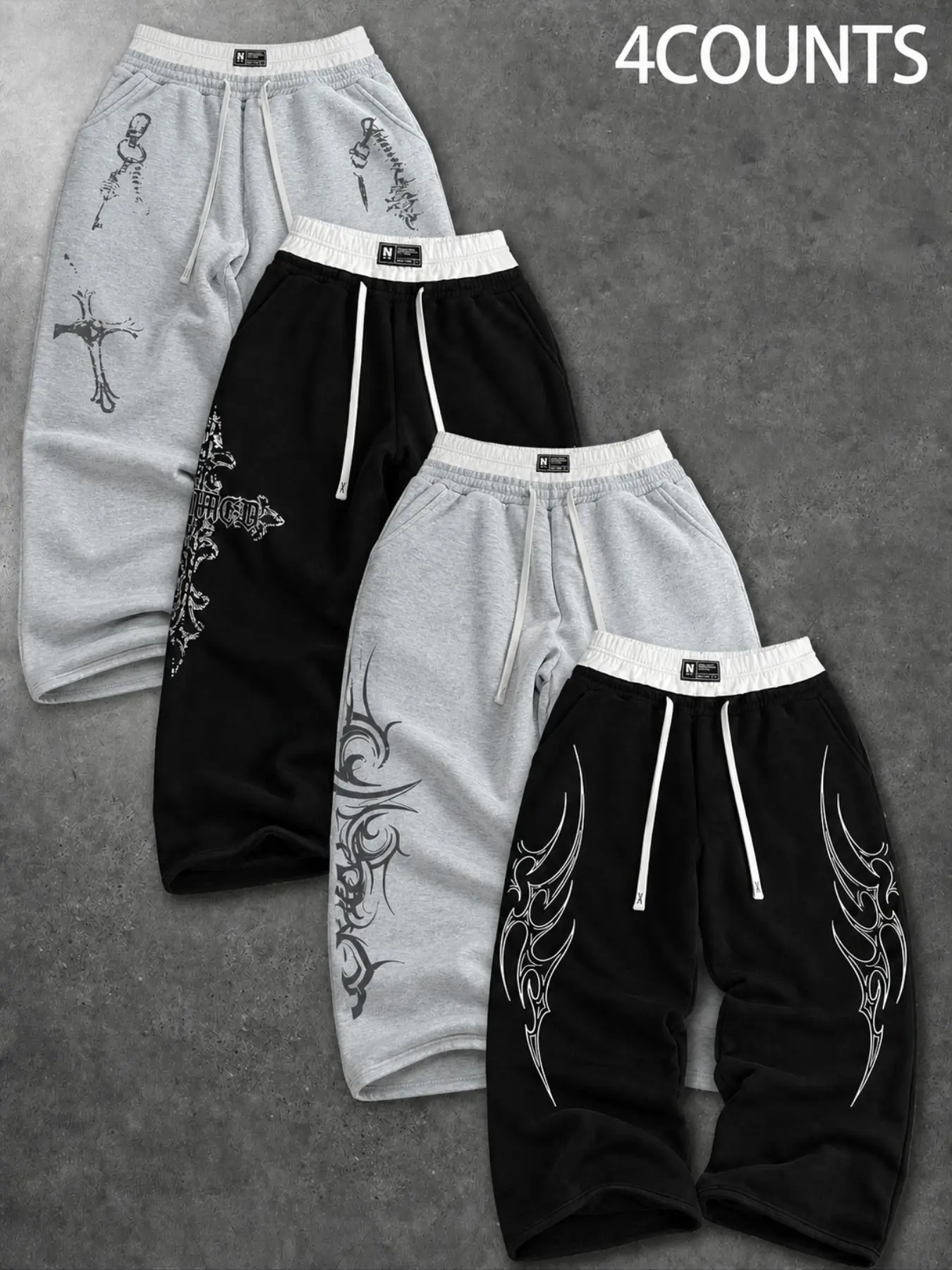 4 Pcs American Dark Street Style Graphic Print Wide Leg Sweatpants, High Street Loose Fit Long Pants, Trendy Drawstring Sports Sweatpants