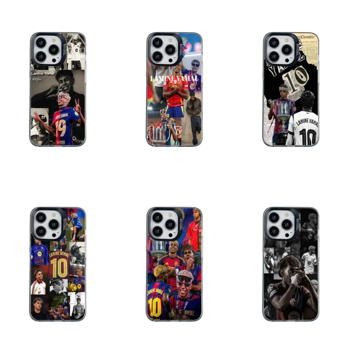 Barcelona star Lamine Yamal design silver-accented phone case; compatible with iPhone 12–17 and Samsung S22–S26 series. Features a high-transparency finish, silver-trimmed edges, and full-coverage drop protection. An ideal gift for the holidays and a must