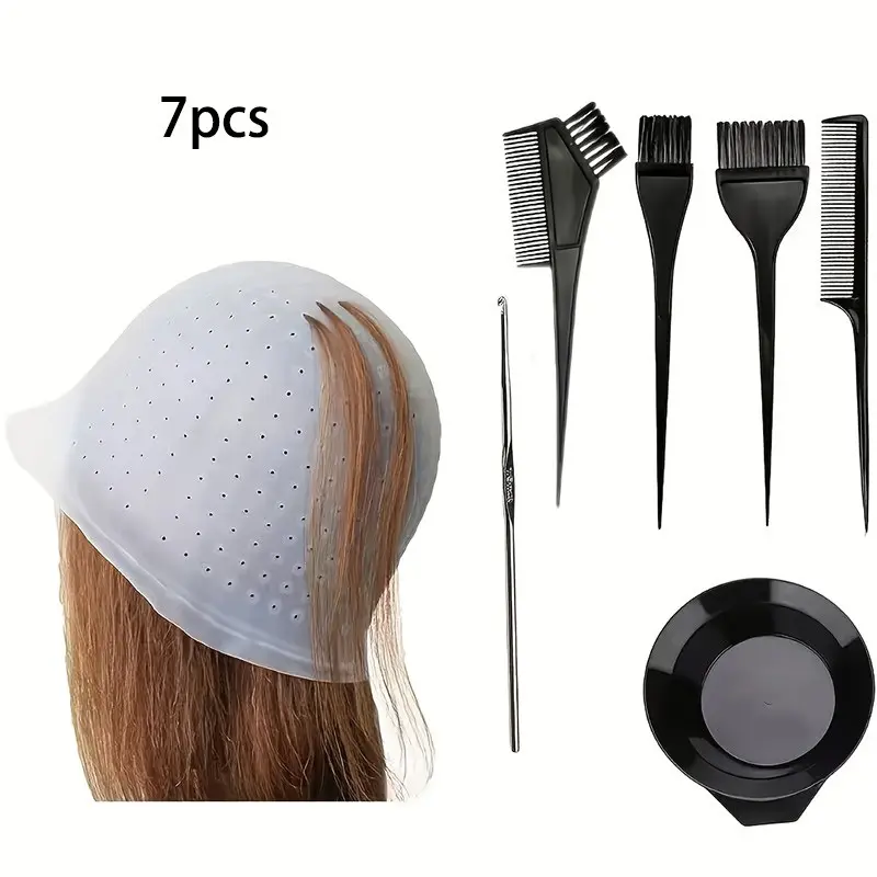 7pcs Hair Dye Tool Set, Reusable Professional Highlight Cap with Hooks, Bright Color Hat for Men and Women, Salon Hair Dye Tools