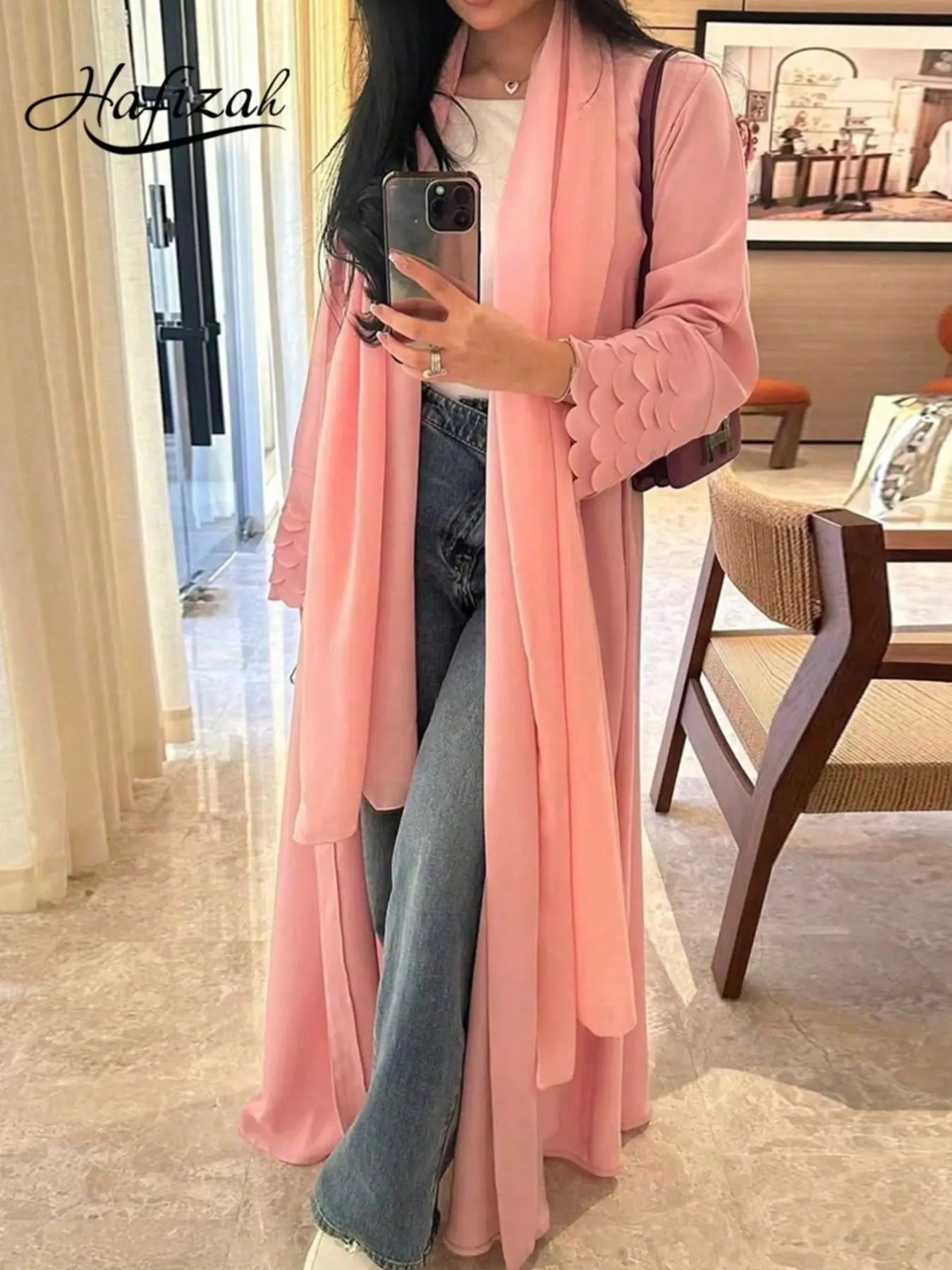 Women's Loose-Fitting Outerwear Set, All-Over Print Long Cardigan & Scarf, Soft Color Casual Wear, Long Sleeves, Ideal for All Seasons