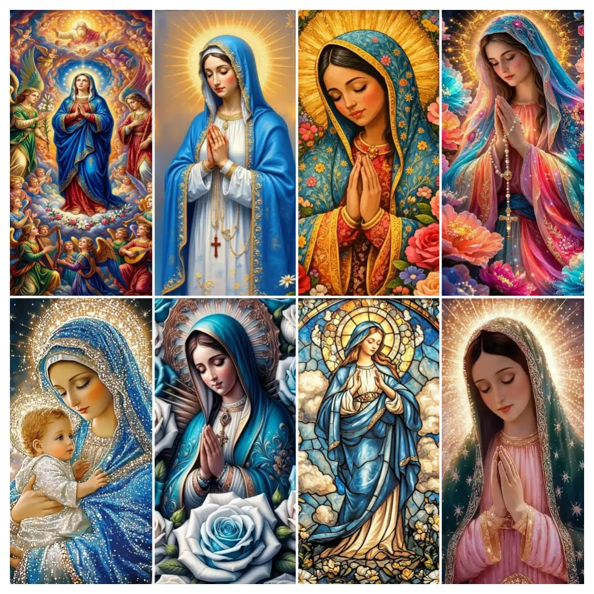 5D Full Round Drill Diamond Painting Kit Virgin Mary Praying Blue White Rose Floral Religious Diamond Art Mosaic Wall Decor Gift for Catholic Adults