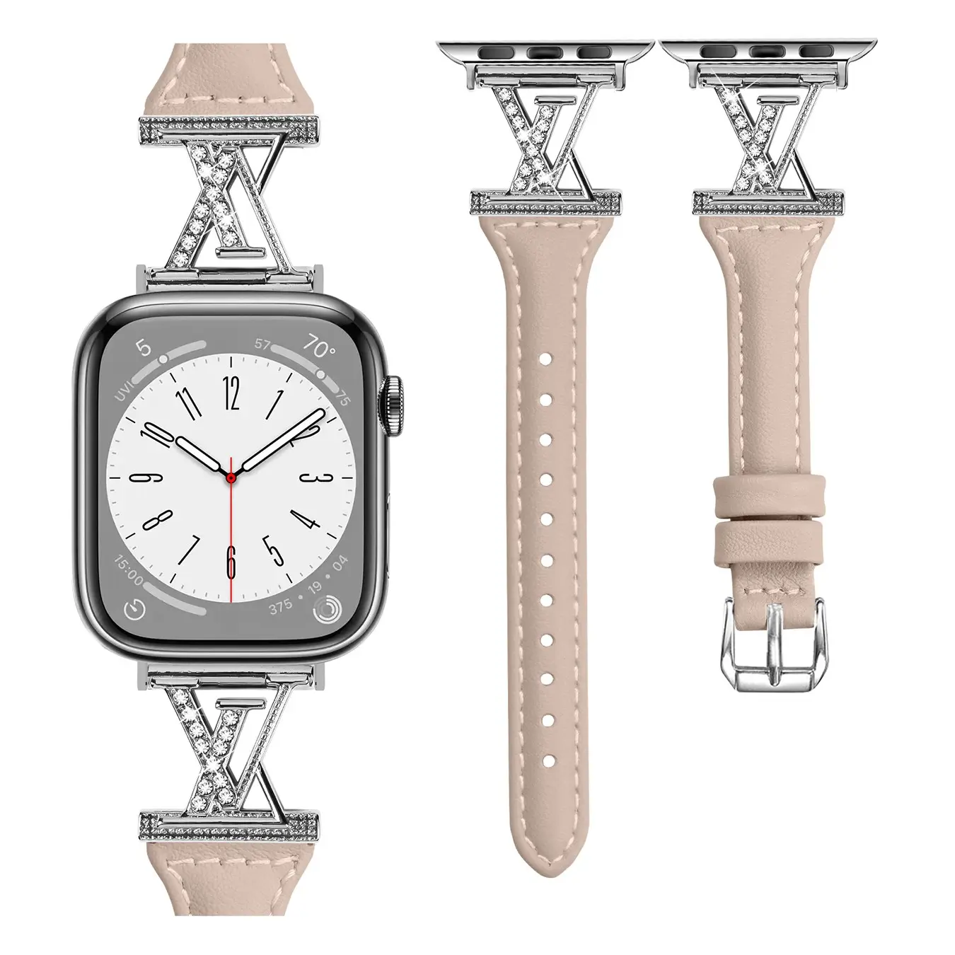 Leather Watch Band with Diamond X Buckle, Compatible with Apple Watch & Samsung/huawei, Luxury Women's Strap