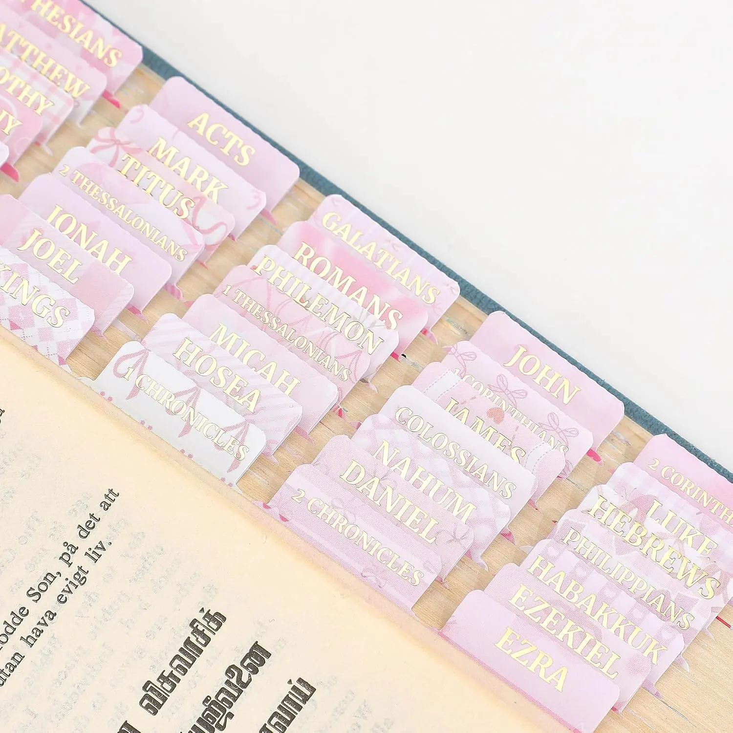 Women's Bible Index Tabs - 66 Large Print Laminated Chapter Tabs, 39 Blank Dividers Sticky Labels, Bow Design Office Stationery for Organization, Raised Foil Christian Study Supplies & Gifts