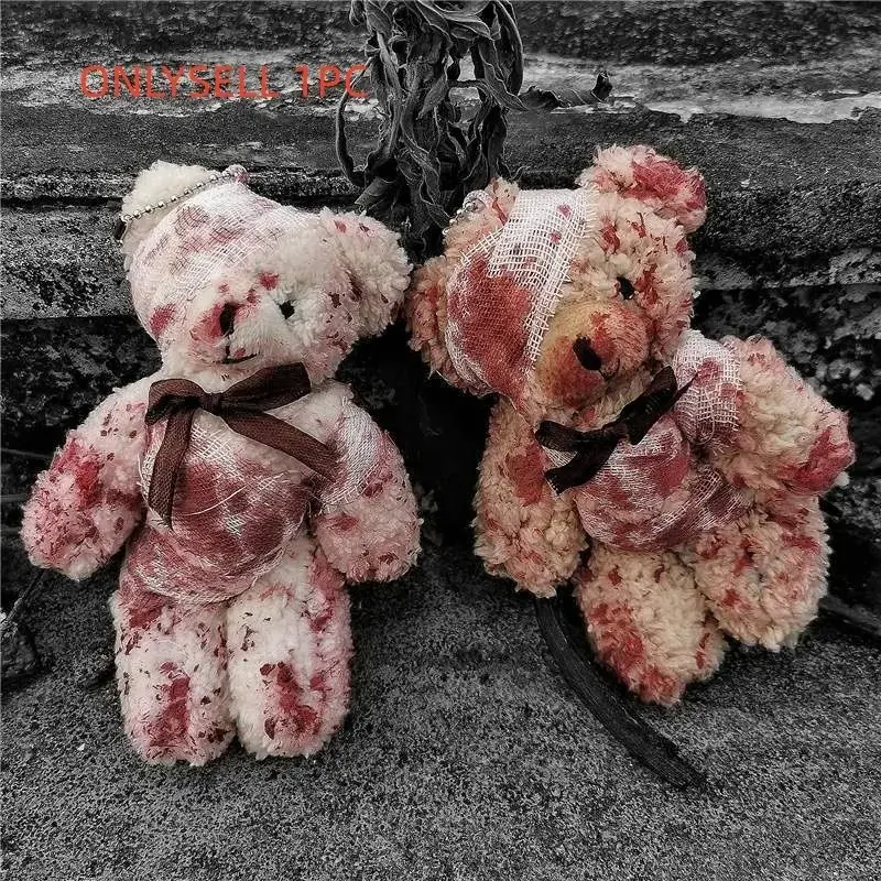 Disabled Dark Lolita Bloody Injured Bear Doll, Halloween Hanging Ornament, Unique Horror Decor, Perfect for Gothic Lovers