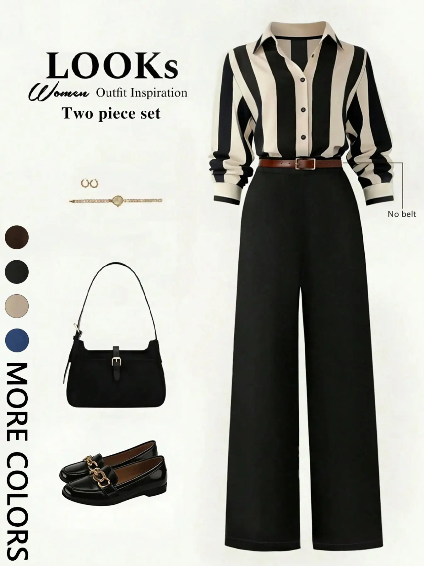 Women's Striped/pure Color Long Sleeve Shirt and Loose Wide Leg Suit Pants Set, Basic Casual Office Wear, 2 Pieces, No Belt Included