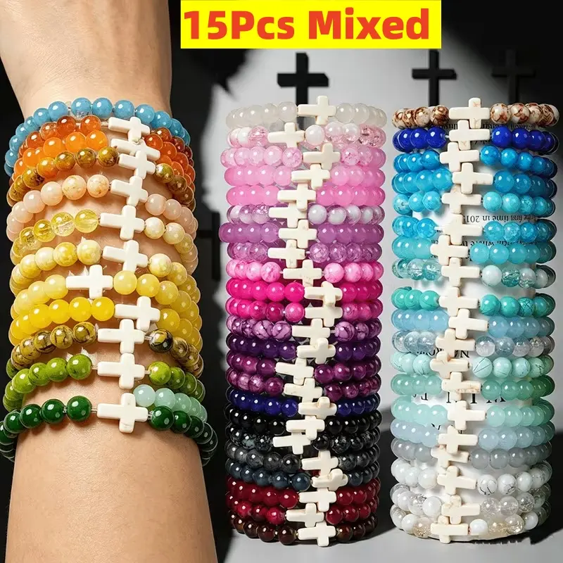 15Pcs Handcrafted Boho Glass Bead Cross Bracelet Layered Set - Bohemian Cross-Shaped Beads Suitable for Men & Women, Year-Round Daily Wear, Festival Gift, Unisex for Occasions