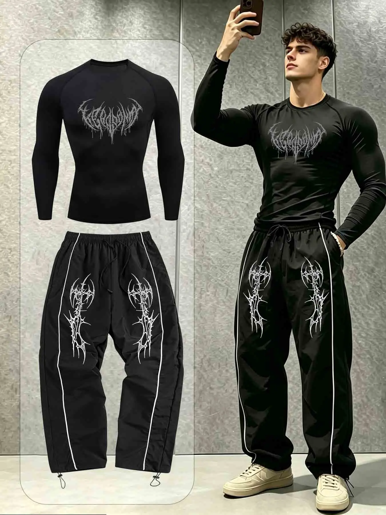New Fashion Thorn Print Men's Sportswear Set, Fitted Top and Loose Bottom, Ideal for Fitness, Running, Training, Casual Wear, Athleisure Tracksuit Outfit