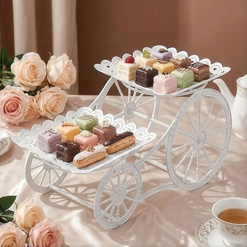 Double Layer White Lace Dessert Stand with Cart Design, Perfect for Serving Afternoon Tea Indoors and Displaying Desserts at Weddings and Parties