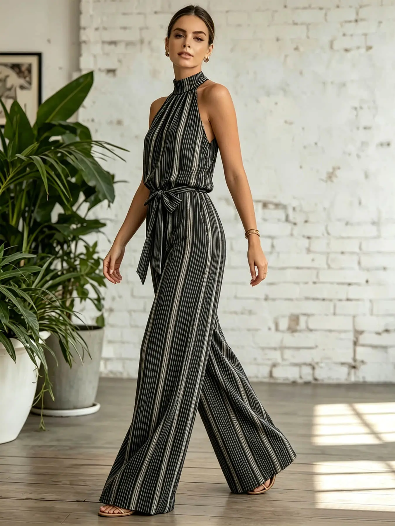A two-piece set of women's fashionable coffee brown vertical striped hanging neck sleeveless top and wide leg pants, with a matching stripe tie at the waist for waist cinching, suitable for commuting and indoor/outdoor wear