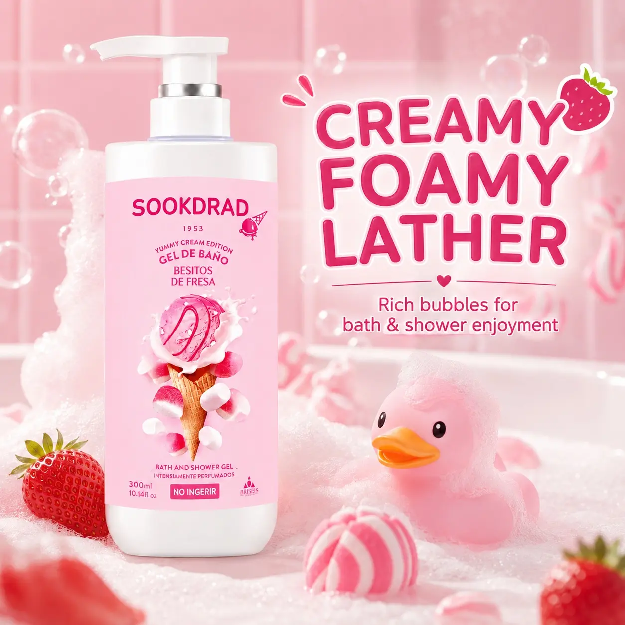 yummy cream edition bath and shower gel, strawberry kiss flavored, intensely perfumed, 10.14fl oz, body use, bath product, marshmallow ice cream themed, creamy fragrance, 300ml