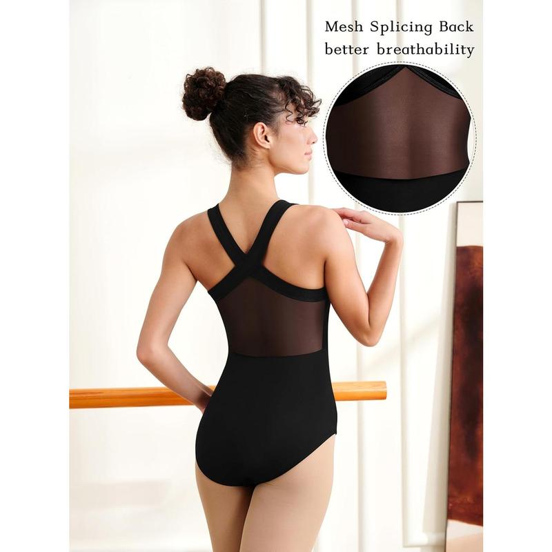 Women Dance Leotard Adult Ballet Tank, Gymnastic Dancewear with Crisscross Straps, Mesh Splicing Back