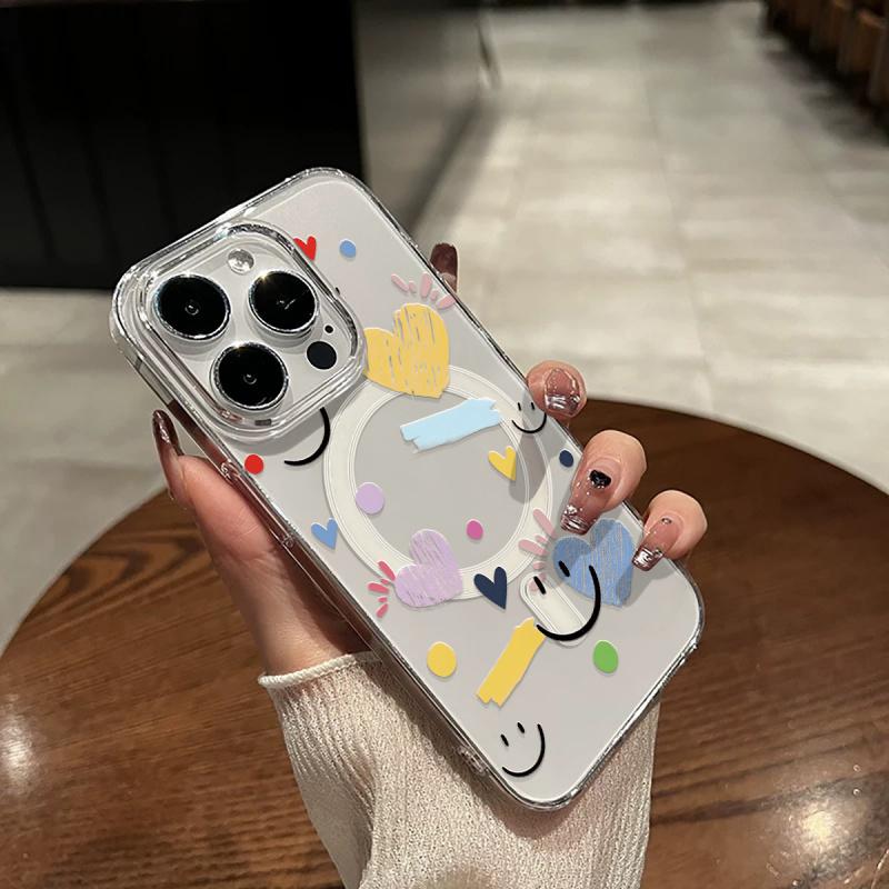 Fashionable Anime Pattern Phone Case with Heart joyful Design, Shockproof Magnetic Transparent Case, Magnetic Wireless Charging Compatible, for iPhone 11 12 13 14 15 16 17 Pro Max Air Plus Mini, Clear Back Cover, Halloween Christmas Valentine's Day
