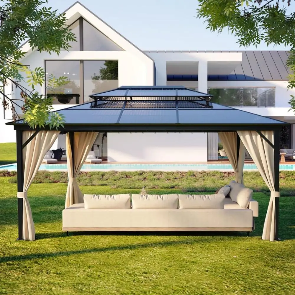 12ft x 16ft Stable Aluminium Frame Hardtop Gazebo, Double Polycarbonate Solid Panels Roof, Pre-Drilled Reinforced Poles, Net & Curtain - Weather Resistant Shelter for Backyard Reading, Outdoor Relaxation