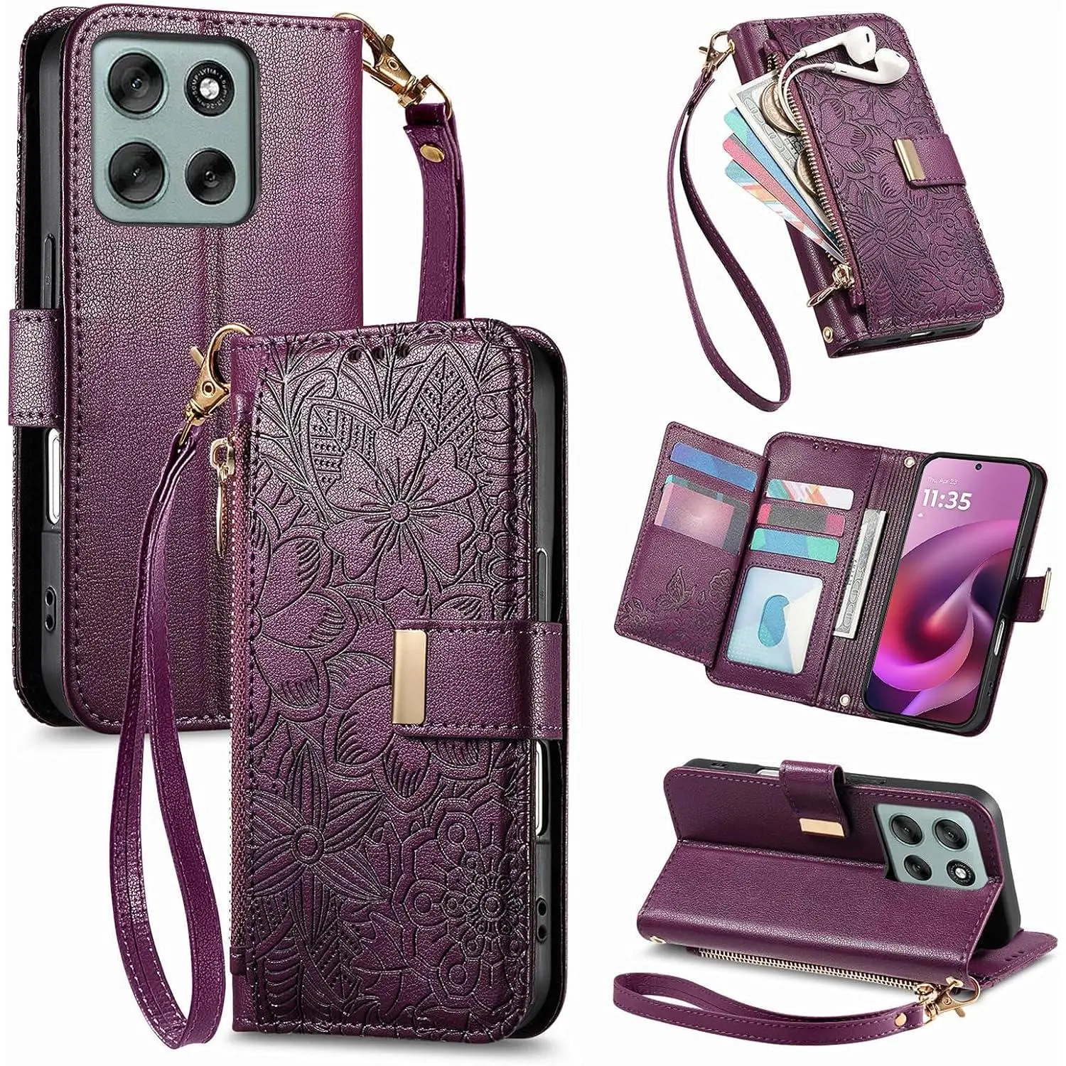 for  G 5G 2025/2026 & G Play 2026 Wallet Case, -in Card Holder (8-10 Cards), Zipper Pocket, Wrist Strap, Stand Kickstand, Flower PU Leather Protective Phone Case Women,
