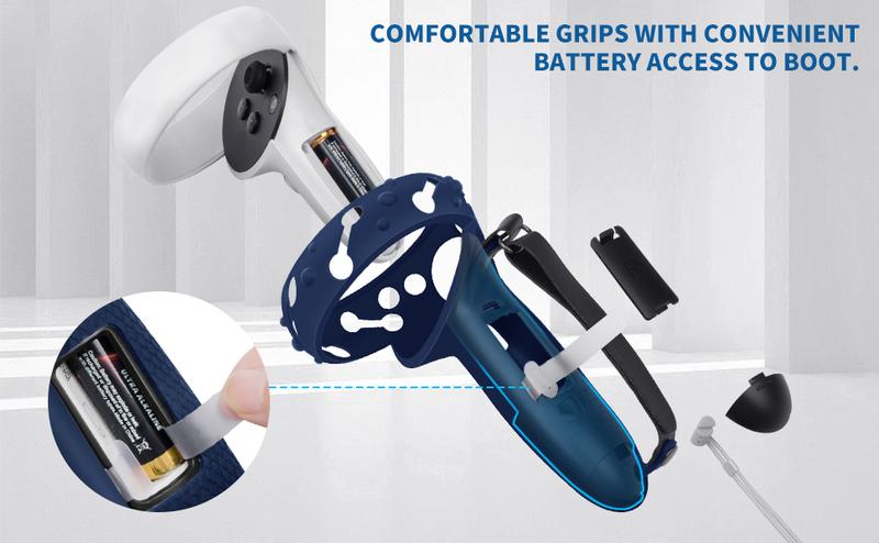 P-PDT014   Controller Grips for Oculus Quest 2, Extended Silicone VR Grips Cover Protector with Battery Opening, Knuckle Straps, Anti-Throw Hand Strap for Meta Quest 2 Accessories Blue