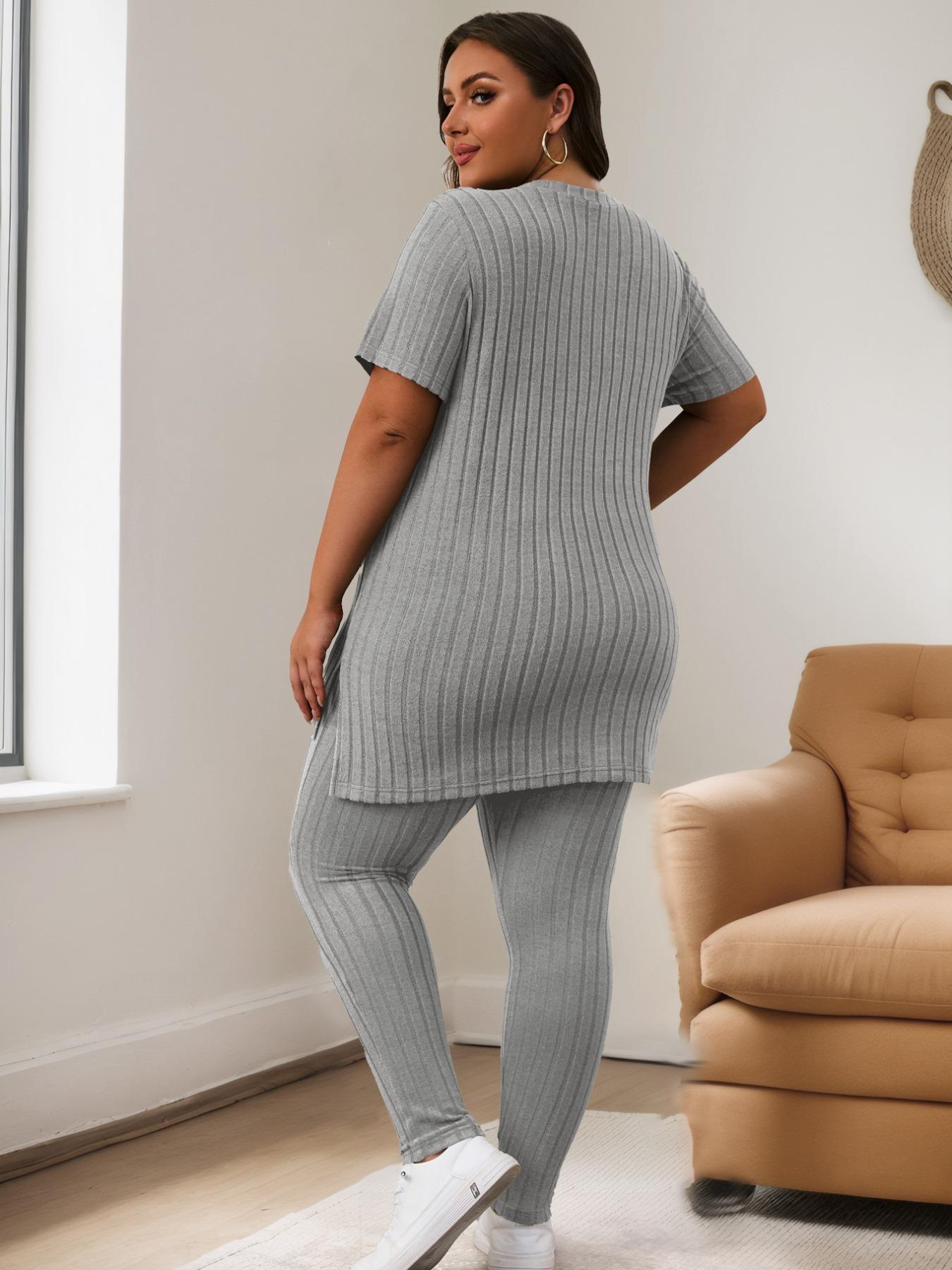 【Plus Size】 Solid Color Ribbed Tee & Elastic Waist Pants Set, Casual Fashion Cozy Two-piece Outfits for Daily Outdoor Wear, Women Clothing for Summer, Womenswear