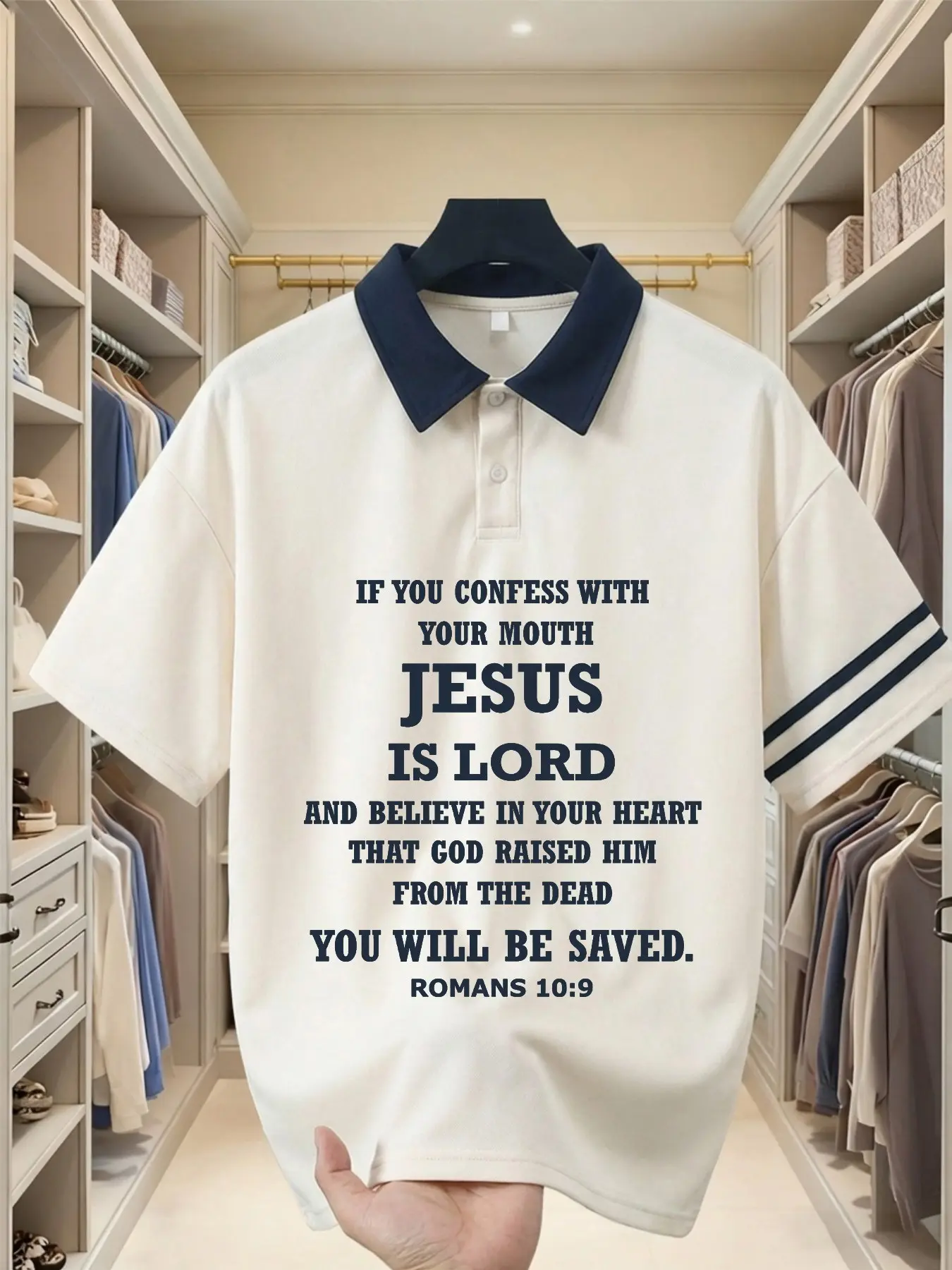 Fgfs Romans 10:9 Bible Verse Print Polo Shirt, Contrast Collar, Double Strip Cuff, Oversized Unisex Top, Christian Faith Daily