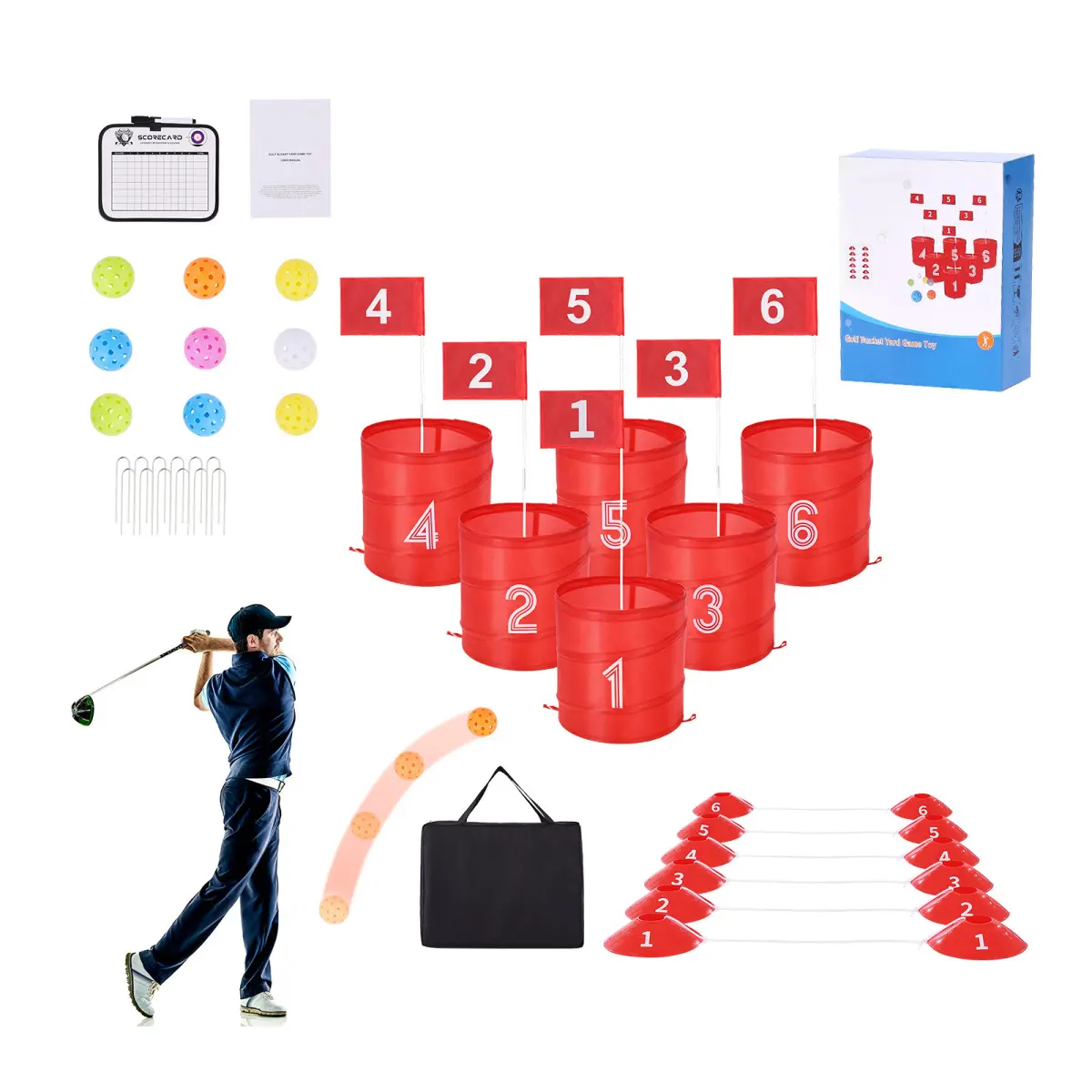 Portable 6-Hole Backyard Golf Game Set for Family & Friends, High-Quality Materials Outdoor Sports Kit with Durable Oxford Cloth Buckets, Fiberglass Flag Sticks, 17.09 in x 13.07 in x 5.51 in Storage Bag for Up to 6 Adults, Complete Accessories Included