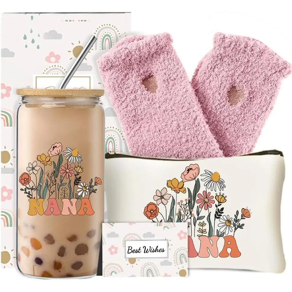 Nana Gifts for Women, Birthday Christmas Gifts Set from Granddaughter Grandson, Godmother Thanksgiving Ideas  with 16 Oz Glass Cup