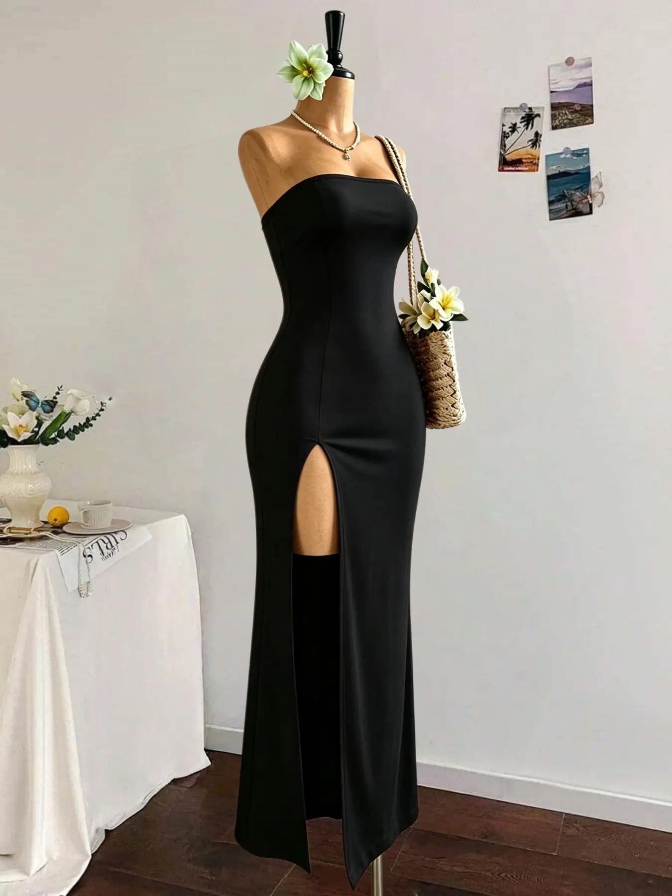 Elegant Sleeveless High-Slit Bodycon Long Dress, Pure Color Strapless Straight Cut Evening Gown, Perfect for Cocktail Parties and Vacations, Bodycon Party Dress