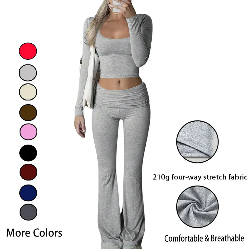 Women U Neck Long Sleeve Crop Top Ruched Low Waist Flare Pants 2 Piece Outfits Soft Loungewear Sets Bodycon Tracksuit for Workout Pilates Daily Outdoor Casual Street Wear