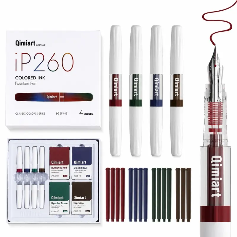 4 Colors Fountain Pen Set,EF Fine Nib,with 16 Replaceable Assorted Ink Cartridges Kit for Calligraphy Line drawing,Large Capacity for Journaling Office Supplies Sketching
