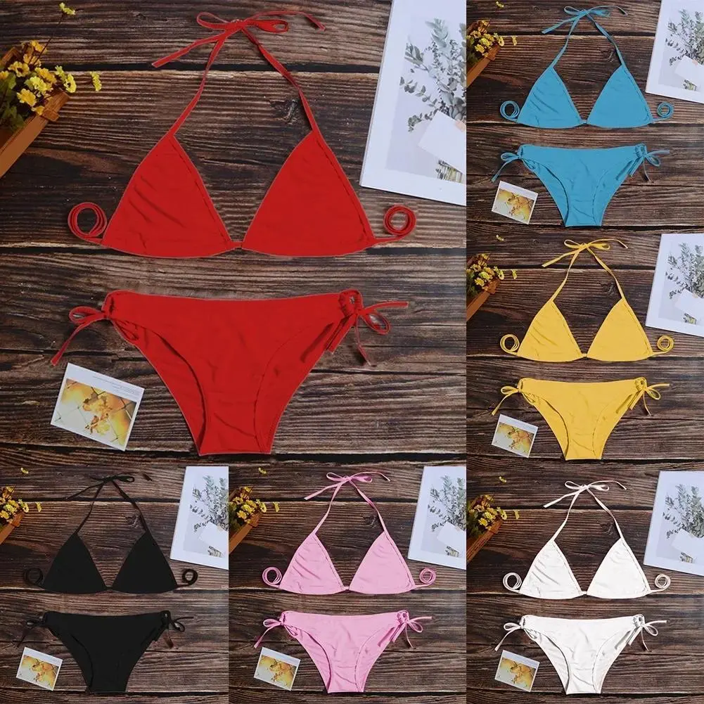Women's 2-Piece Stretch Regular Synthetics Halter Neck Bandage Bikini Set, Over-the-Shoulder Solid Color Swimwear with Cheeky Thong for Beach Vacations