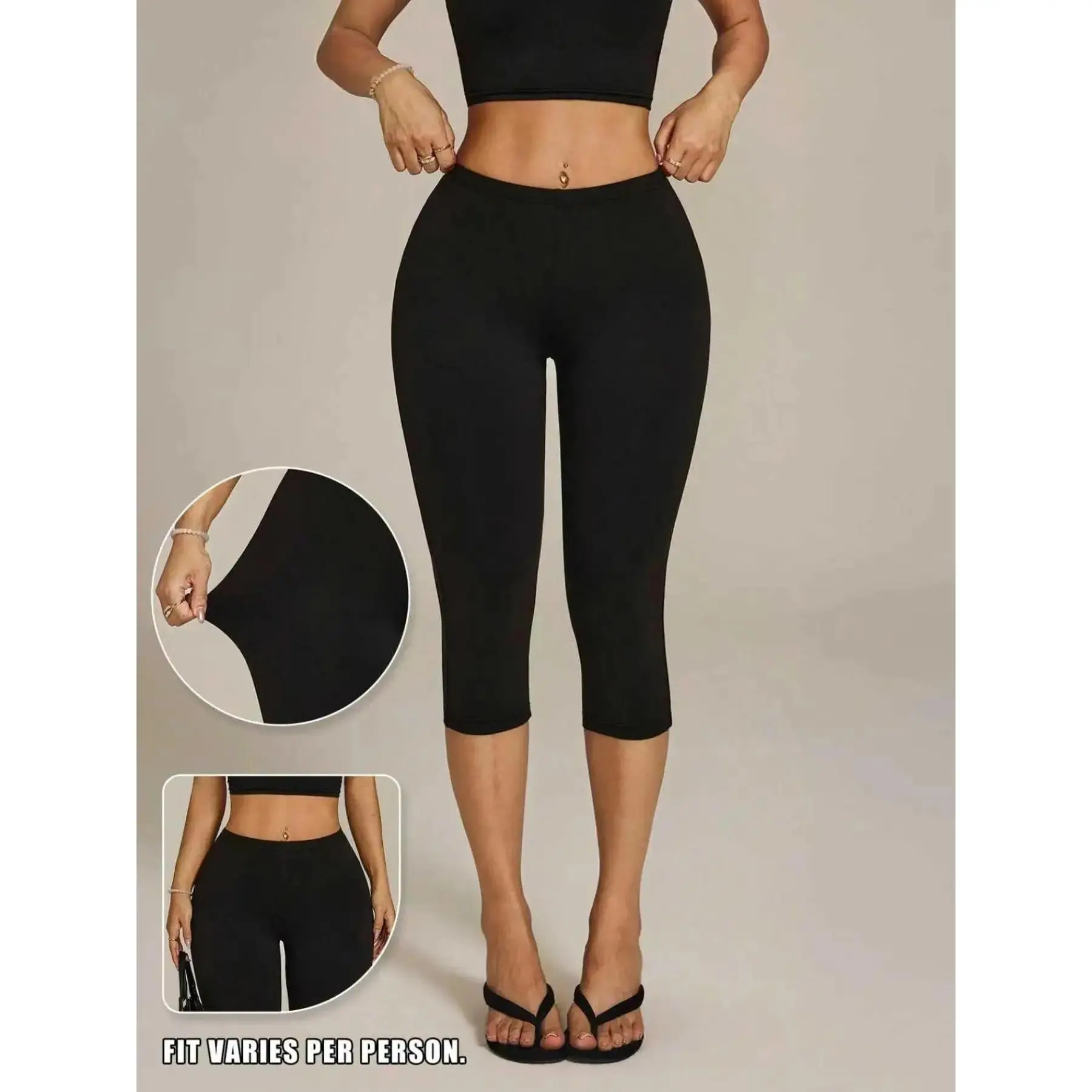 Spotightfinds Fitted Plain High Waist Tummy Control Butt Lifting Capri Leggings, Seamless Slimming Compression Bottoms for Curvy Body Types, Everyday Active Machine Wash Street Style Summer Wear