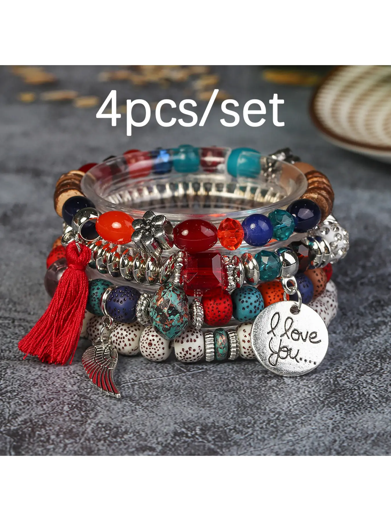 4Pcs Bohemian Beaded Stackable Bracelet Set, Vintage Multicolor Stone Bead Bangles with Wing Charm & Red Tassel, Boho Layered Stretch Bracelets for Women, I Love You Tag Dainty Hand Jewelry for Daily Wear, Holiday Gift for Her, Beaded Bracelet Sets