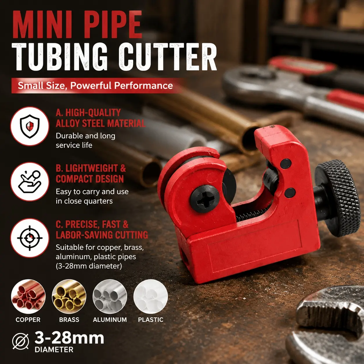Professional Pipe Cutter Set: Multi-Purpose Hand Tool for Copper PVC Stainless Steel Tubes, Anti-Slip Grip & Durable Blade, Precise Clean Cuts for Plumbing HVAC Gas Water Pipe Installation Repair DIY