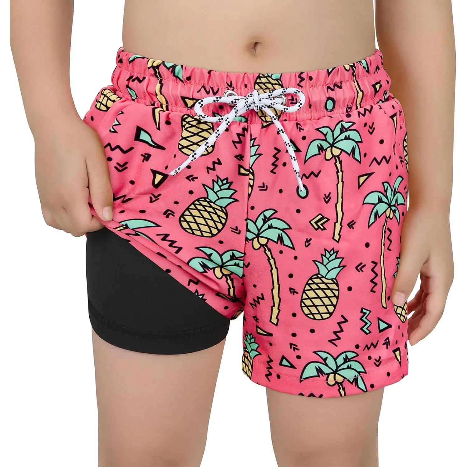 Youth Swim Trunks for Kids 2-16 Years - Compression Lining, Quick-Drying Swimmingsuits with Pink Pineapple & Watermelon Prints, Boys' Swimwear