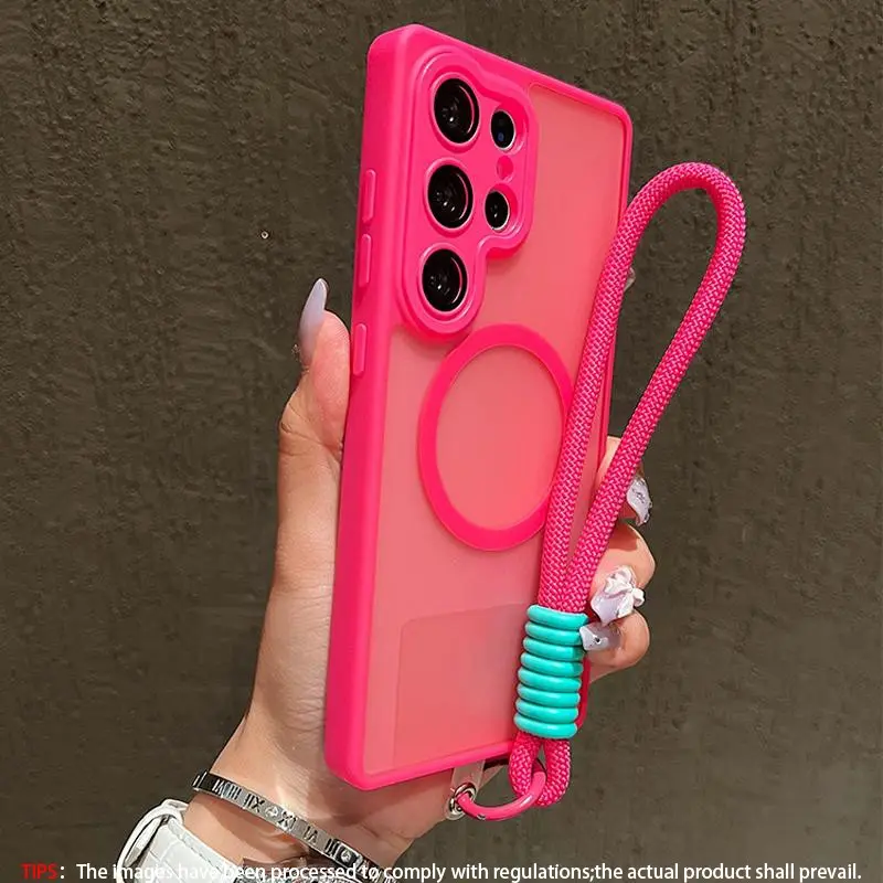 Transparent Magnetic Skin Feel Shockproof Protective Phone Case + Wrist Strap, Compatible with Samsung Galaxy S26 S25 Ultra/edge/s24 Series, Magsafe Charging