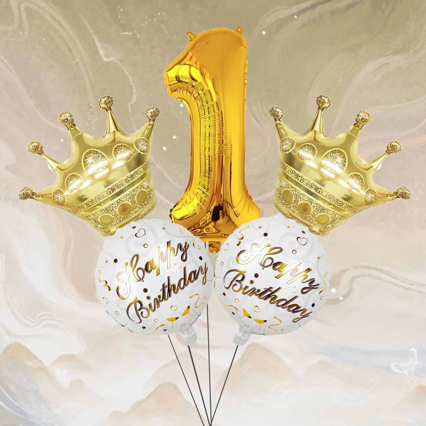 5pcs Number 1-9 Foil Balloon Set, Crown & Happy Birthday Balloons, Metallic Digit Mylar Balloons for Parties & Events