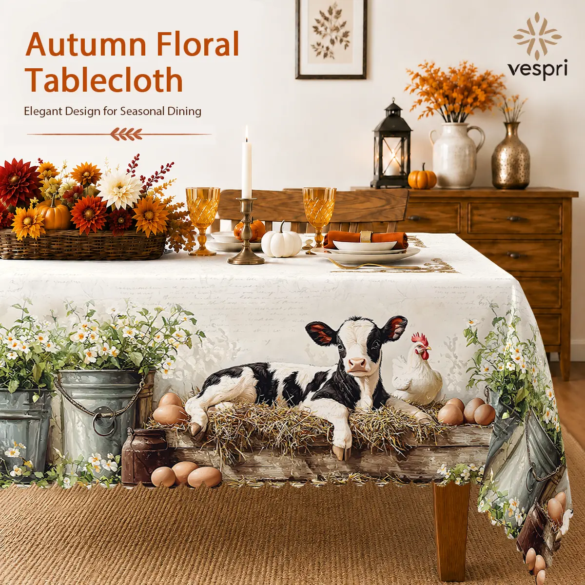Rustic Farmhouse All Over Print Tablecloth - Oval/Round Polyester Cover with Artificial Pumpkins, Greenery, Farm Accents - Machine Washable, Multi-Size, Dining Event Protection (Clearance Sale) Pumpkin Decoration Table Cover, All Over Print Table Covers,
